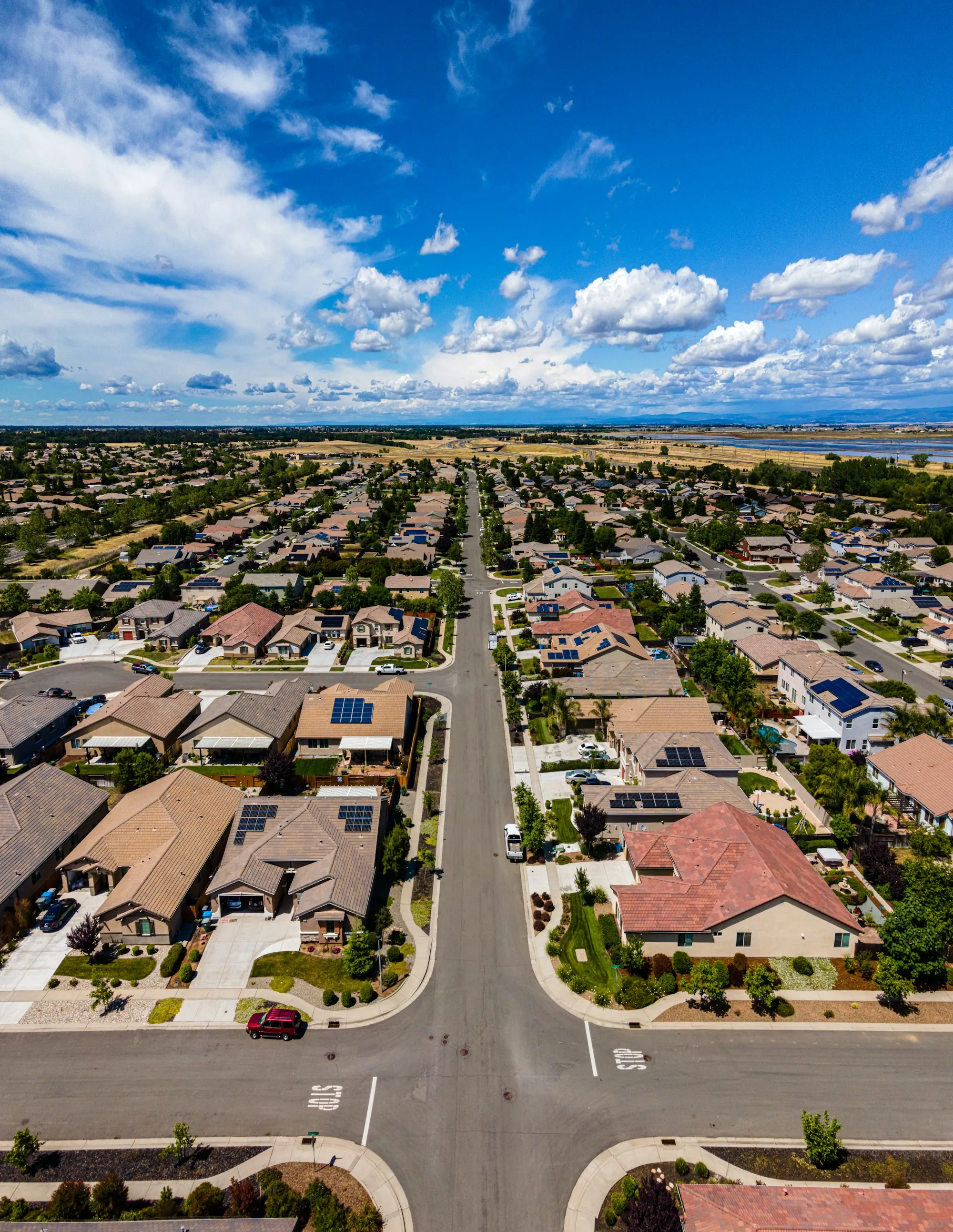 Aerial view of a suburban neighborhood